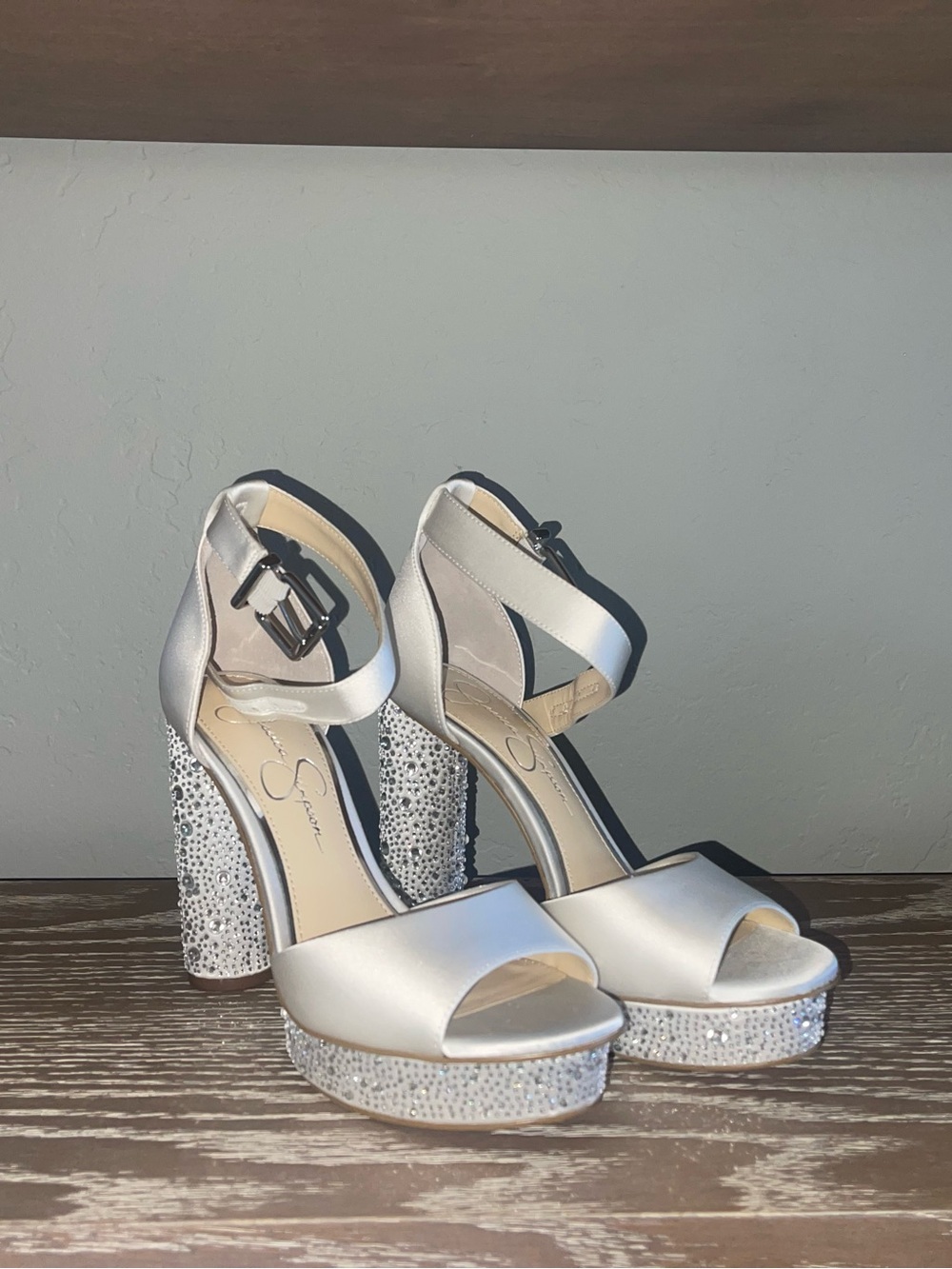 Jessica Simpson Silver Satin Platform Sandals with Crystal Heel